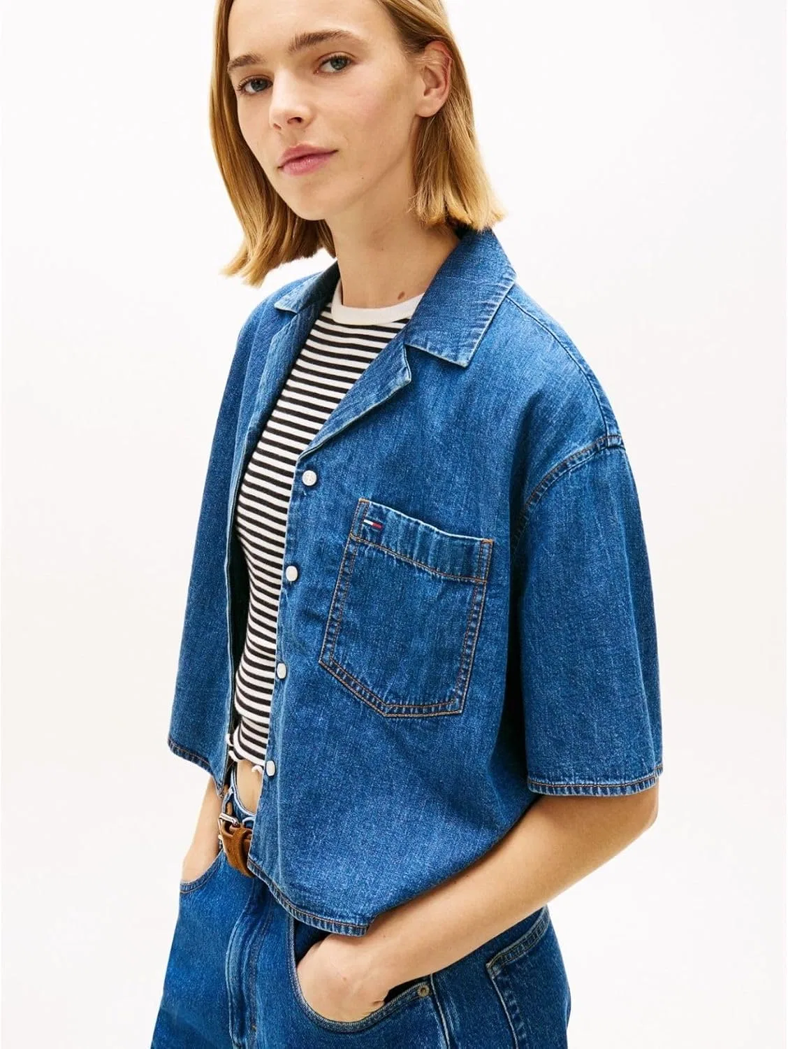 Блуза шамбре, укороченная DW22216, Tommy Hilfiger, индиго — фото 2
