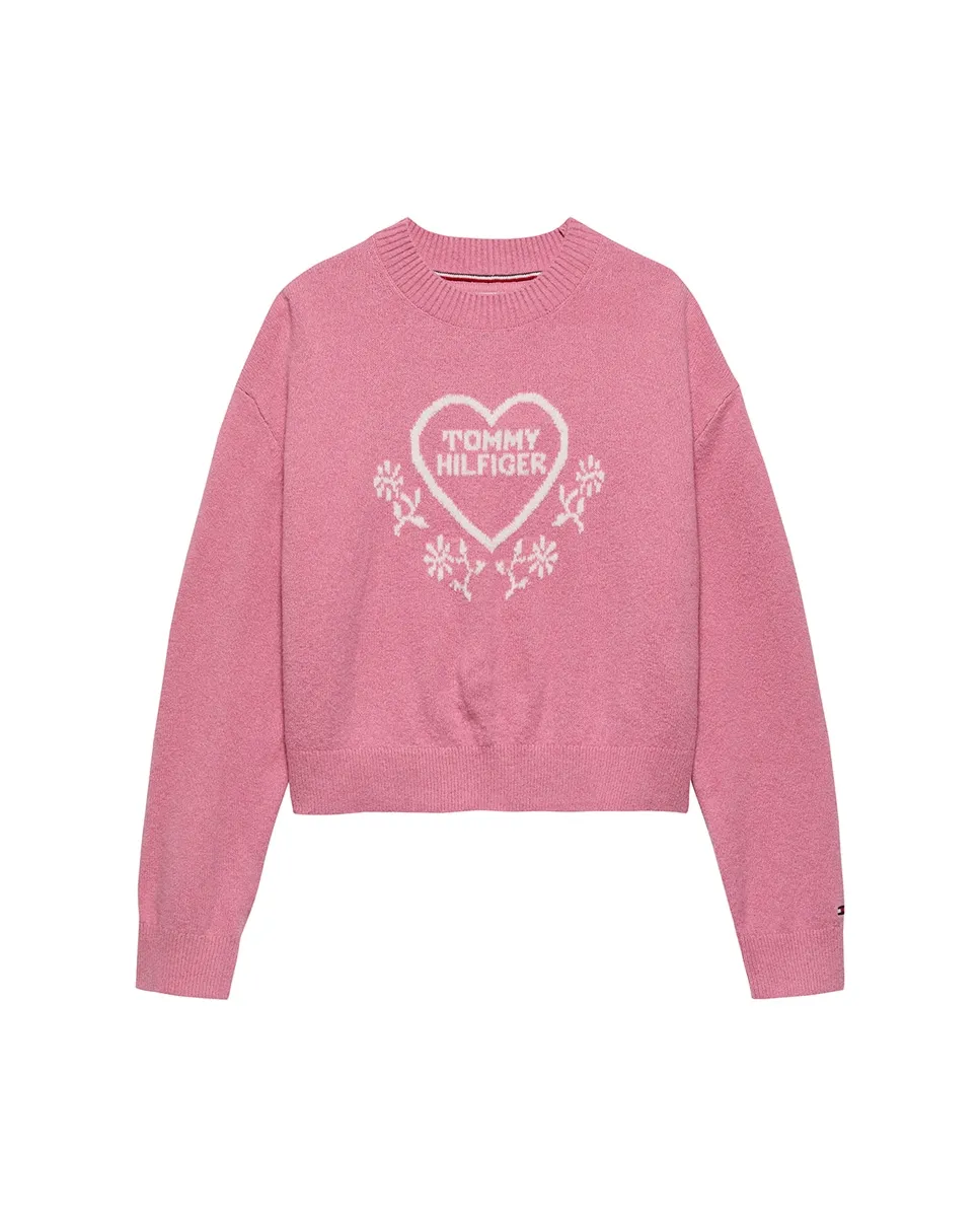 

Свитер для маленькой девочки с корпоративным логотипом и круглым вырезом Tommy Hilfiger, розовый