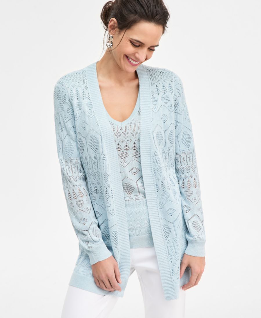 

Укороченный свитер с длинными рукавами и ажурной отделкой, эксклюзивно для Macy's JM Collection, Soft Sand Lurex Combo