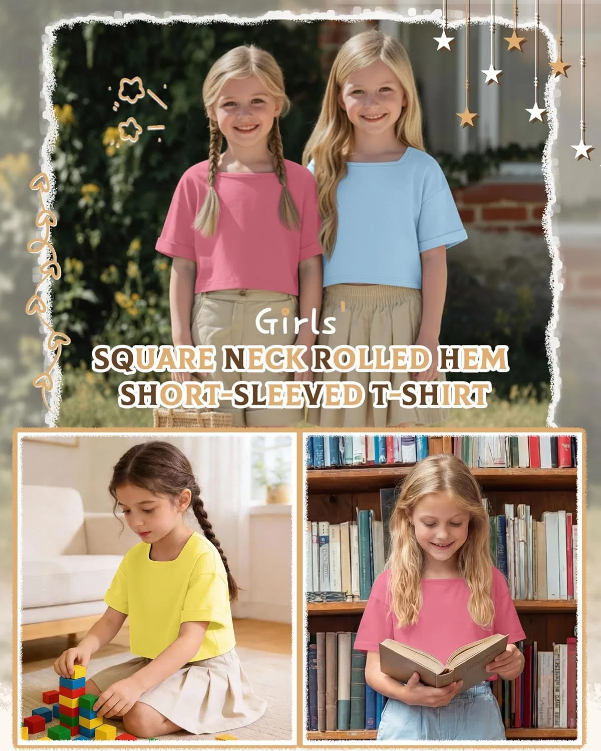 Детский топ оверсайз с квадратным вырезом LessonZoo, 3 шт, Sky Blue, Yellow, Peach Pink — фото 4