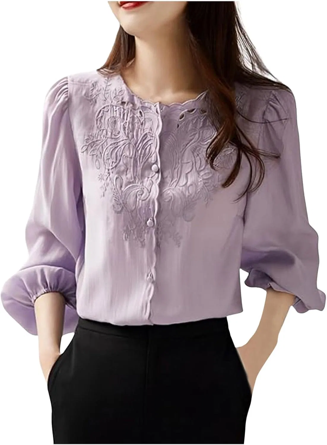 Футболка трикотажная с вышивкой Gorgeous Embroidery x Elegance Women's Long Sleeve Embroidered Lace Shirt, фиолетовый