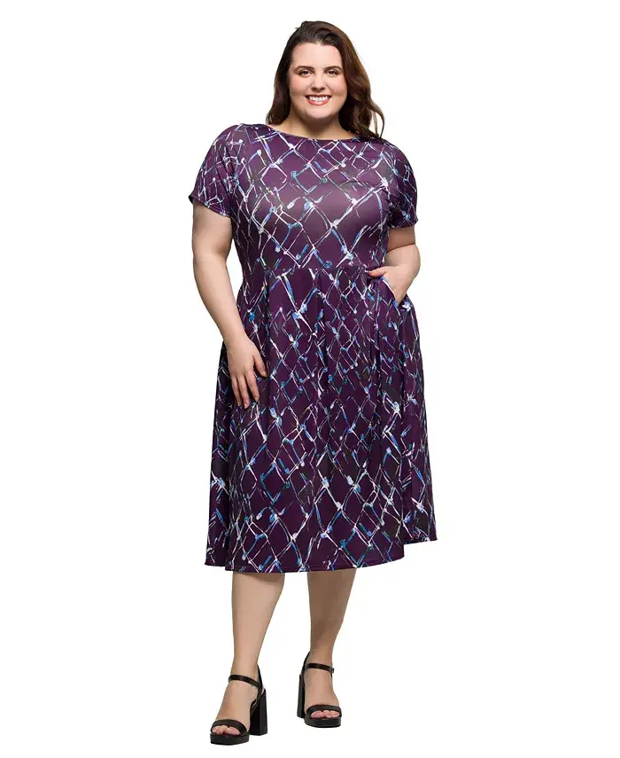 

Платье миди с короткими рукавами, расклешенной юбкой и карманами большого размера с принтом 24seven Comfort Apparel, фиолетовый