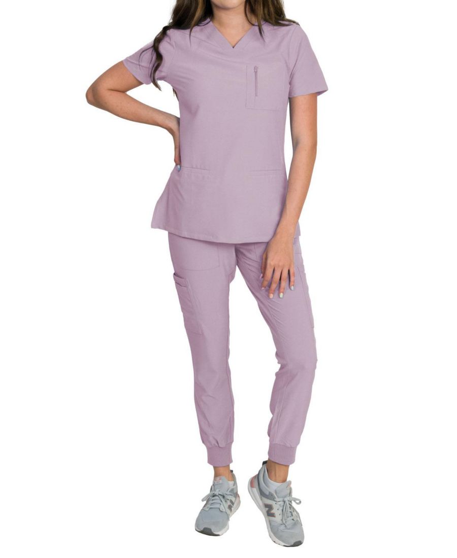 

Женский медицинский комплект Fleur Stretch с топом на молнии с нагрудным карманом и джоггерами с трикотажными ребристыми манжетами Medgear, Lavender