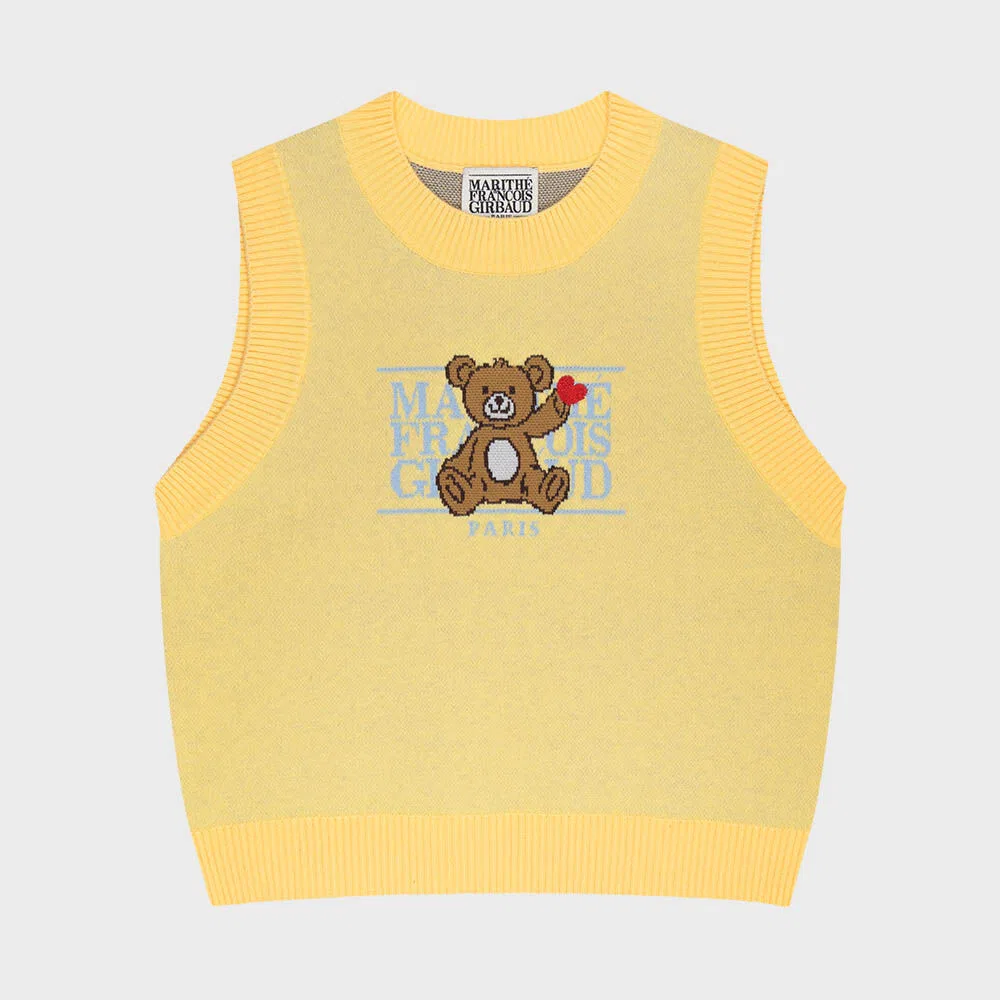 Детский жёлтый вязаный жилет с классическим логотипом Bear от Marithé Kids — фото 2