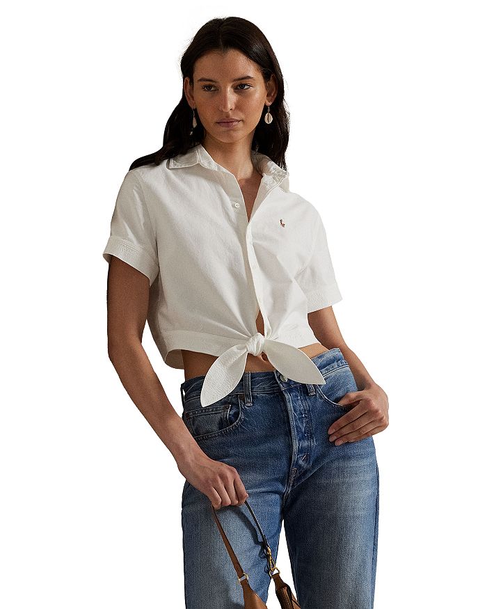 

Хлопковая укороченная рубашка с завязками спереди Oxford Ralph Lauren, белый