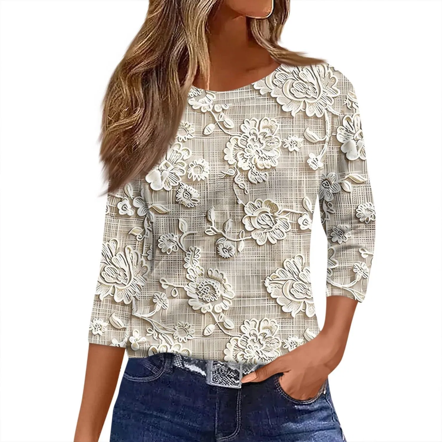 Женская туника с рукавом 3/4, с круглым вырезом, модель Cute Simple Pullover, 1e-khaki