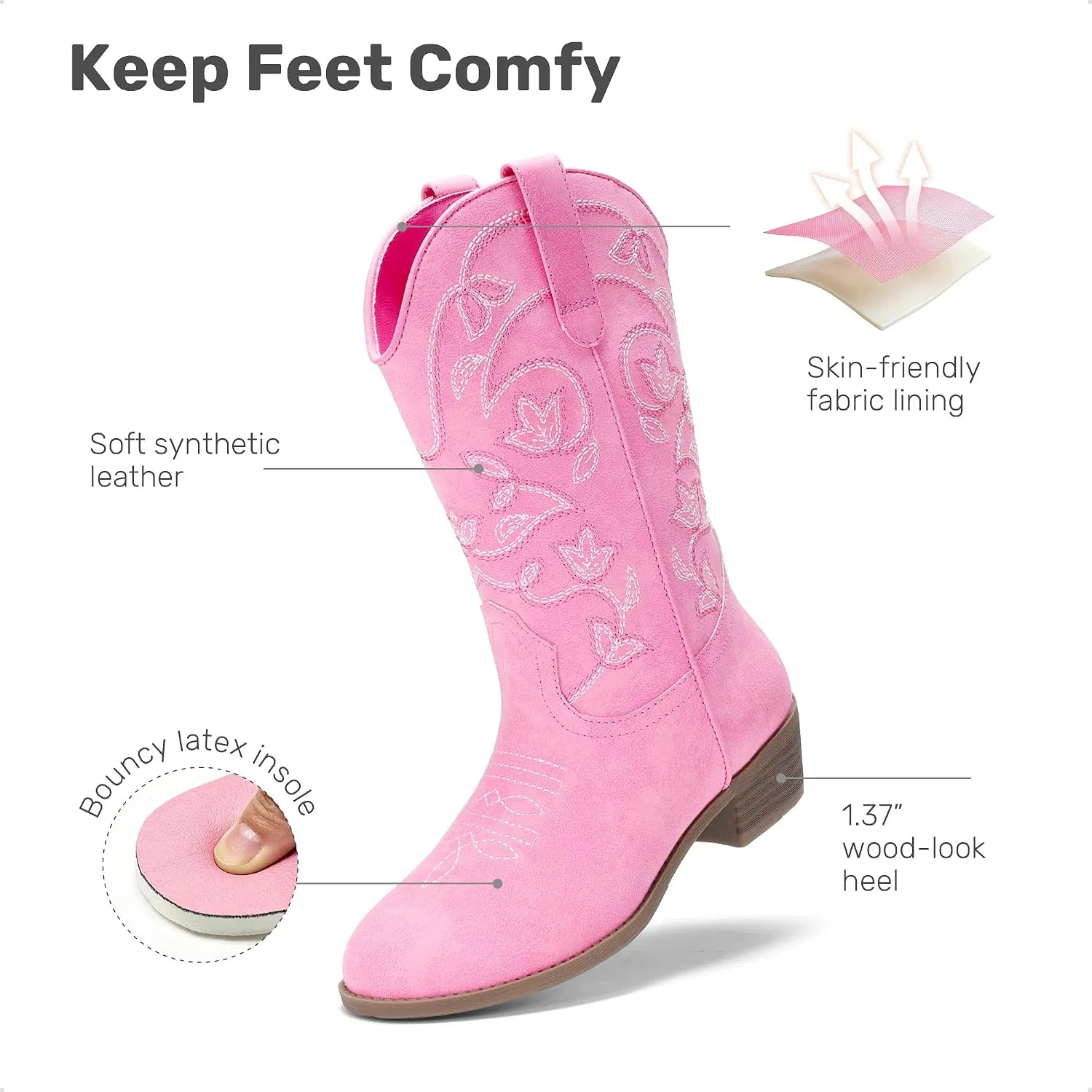 Детские сапоги для девочек с ковбойским стилем DREAM PAIRS, Pink — фото 4