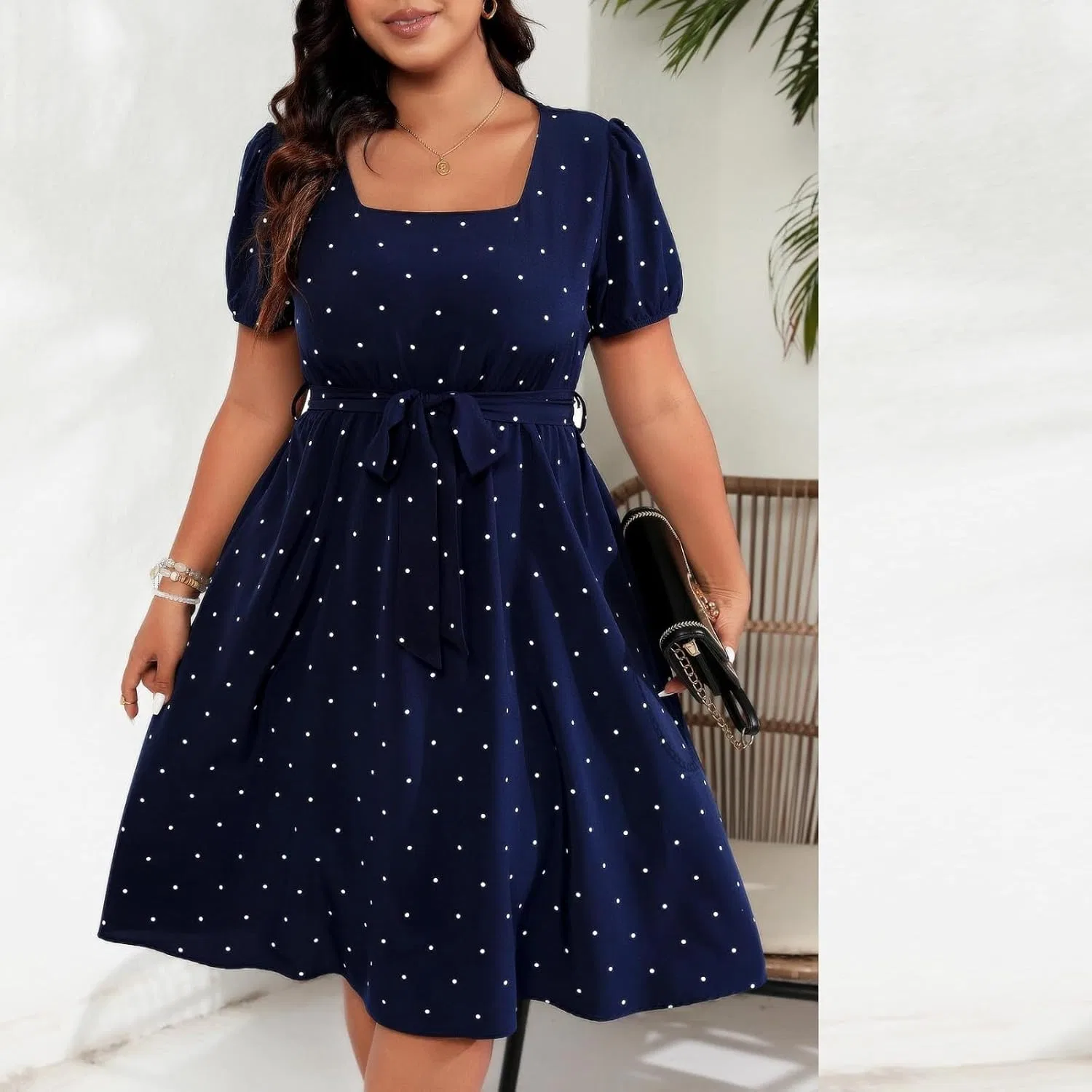 Женское платье миди с квадратным вырезом и поясом Plus Size, Dark Blue — фото 3