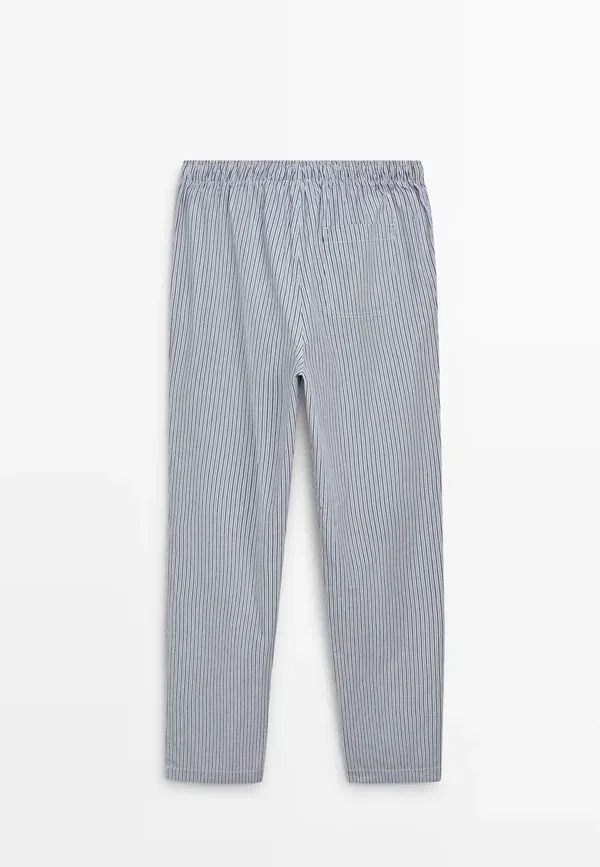 Пижамный комплект из хлопка Short sleeve pyjama top and striped trousers, Massimo Dutti, Dark blue, темно-синий — фото 3