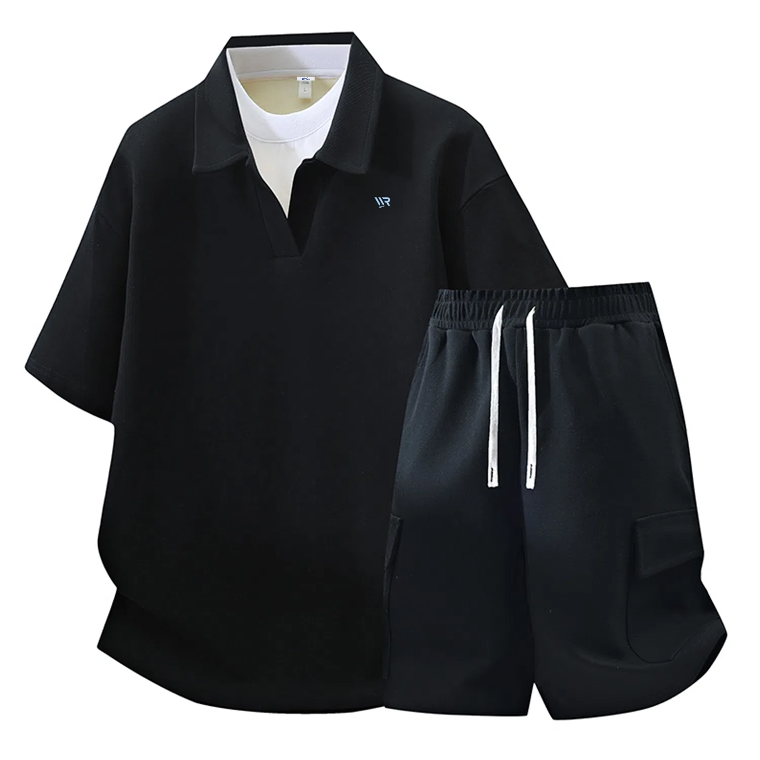Детский спортивный комплект с отложным воротником, Black Two-Piece Set with DIY Badge, WARRIOR
