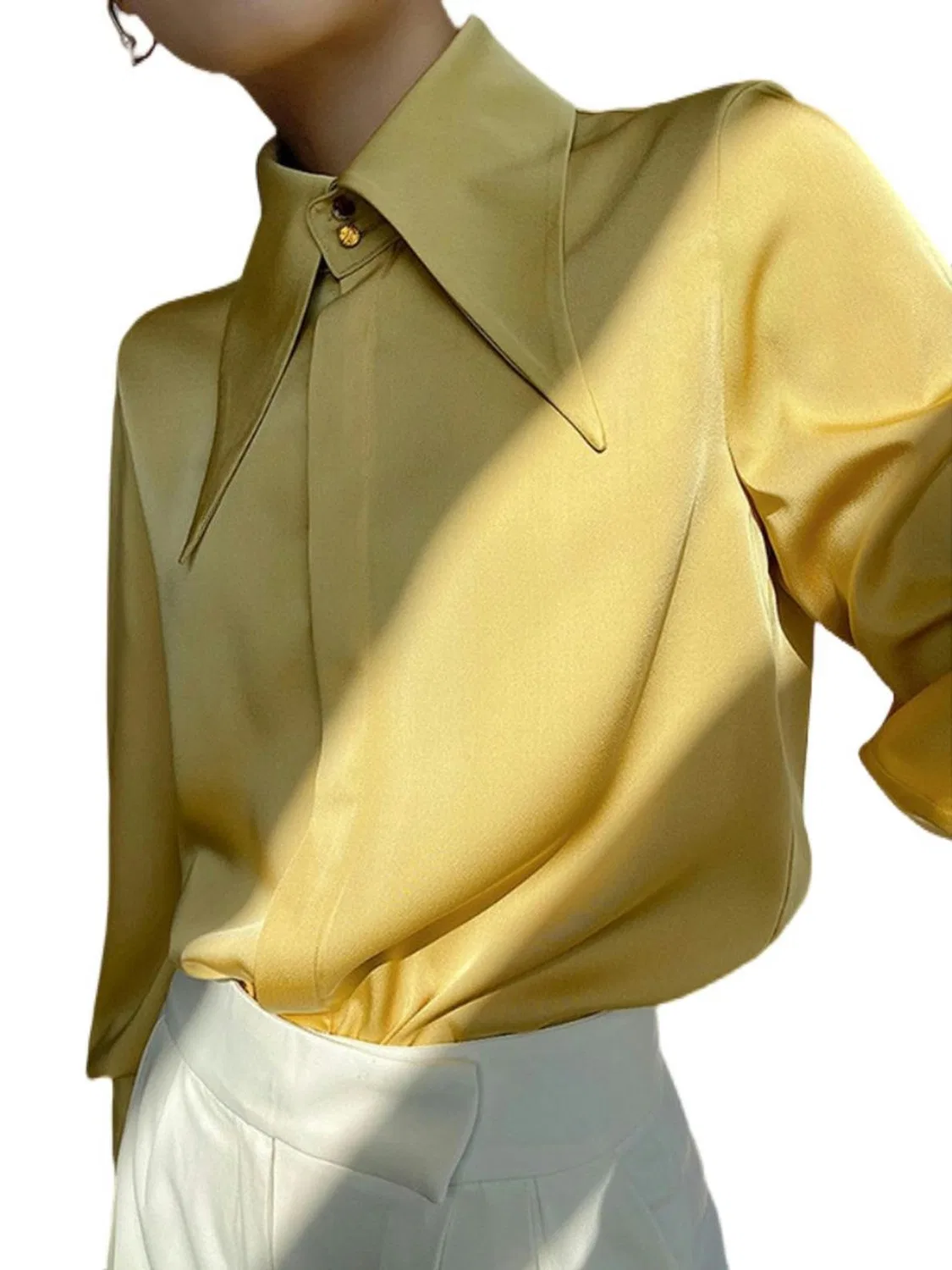 Женская блузка с широким воротником, белая, M, Yellow