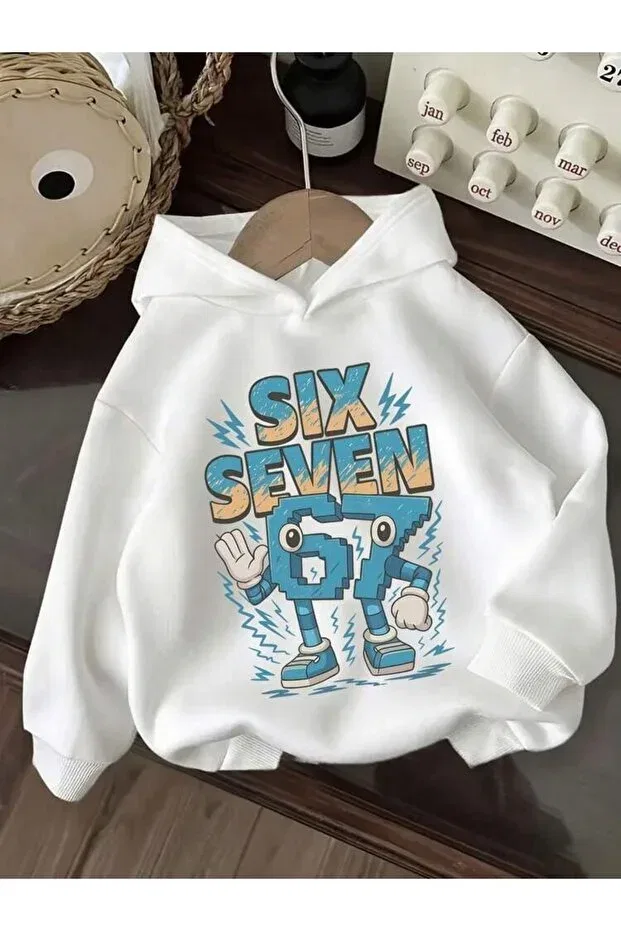 Детские свитшот для мальчиков с принтом Six Seven Printed Hooded Svart Wear, White — фото 2