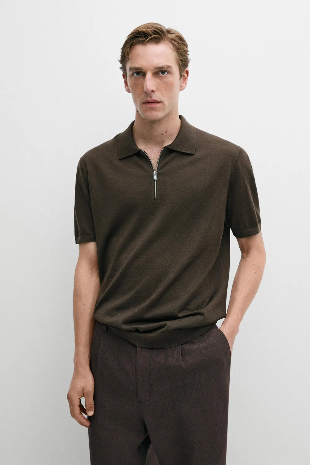 Рубашка поло Massimo Dutti Wool Blend Zip-detail, темный хаки
