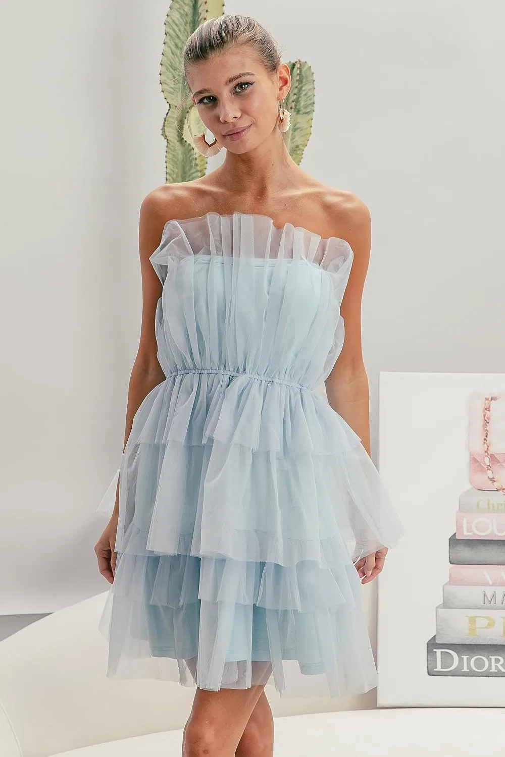 Женское прямое платье с многослойной органзой Sleeveless Layered Organza, Sky Blue — фото 2