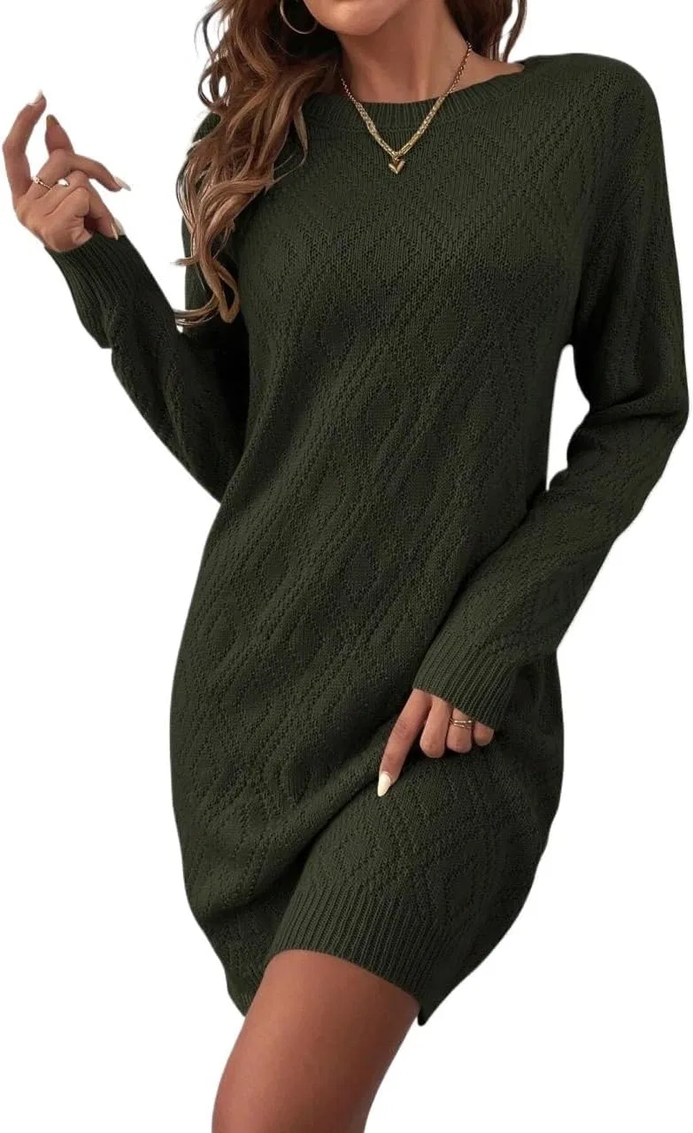 Женское повседневное платье с круглым вырезом Rib-Knit, Army Green