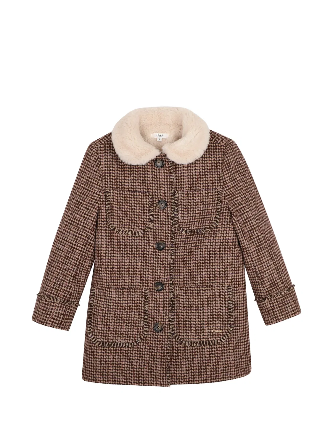 Пальто в ломаную клетку с бахромой Chloé Kids, коричневый
