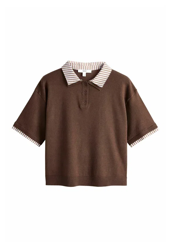 Топ с коротким рукавом, Regular Fit, Polo Top, Next, Chocolate Brown Stripe, коричневый/шоколадный — фото 4