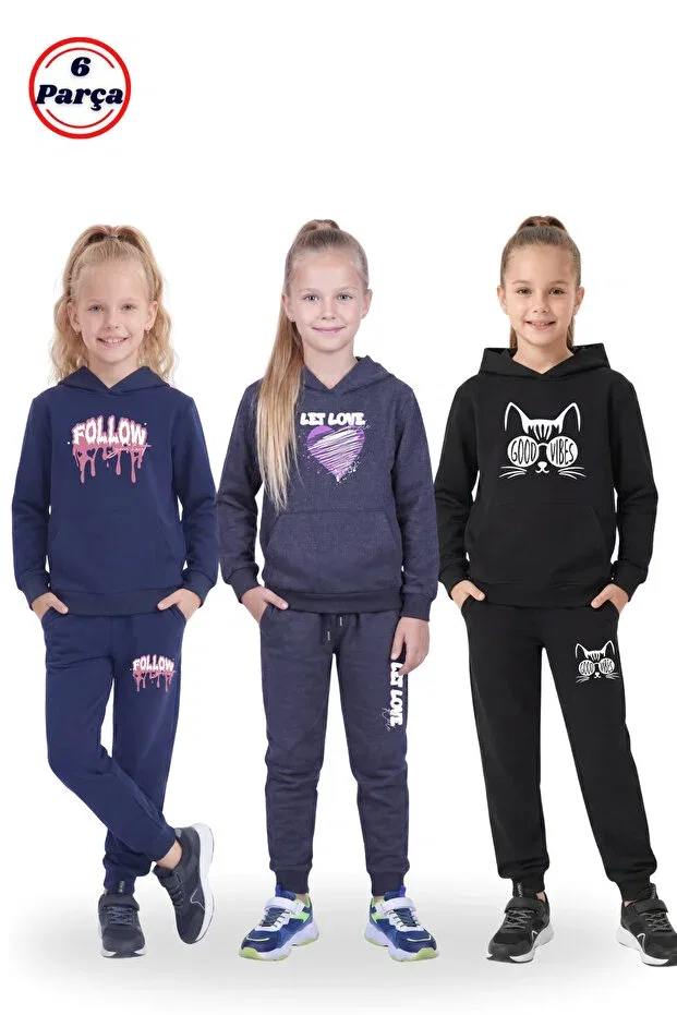 Детский комплект спортивных костюмов для девочек с принтом Fyk Collection, Navy Blue-Smoked-Black