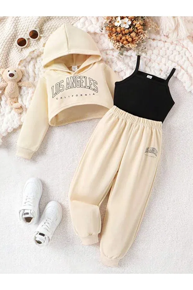 Детский комплект спортивного костюма для девочек с принтом Los Angeles Printed Novibe, Beige