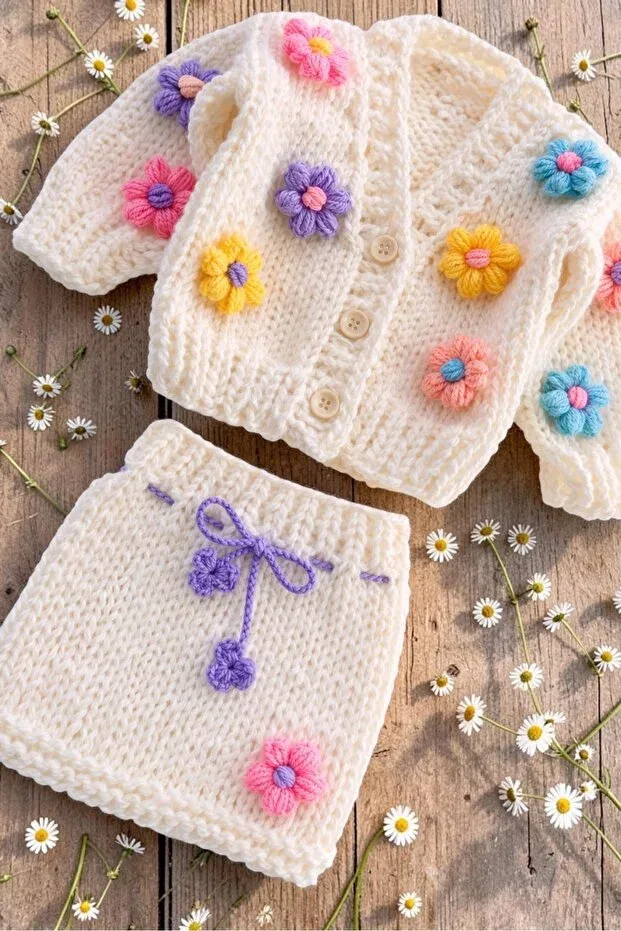 Детский комплект из кардигана и юбки с принтом El Knitted Baby/Kid/Colorful Daisy Double Cardigan Skirt Set/Hair Bandana Clip with Gift Barzey Crafts, Ecru
