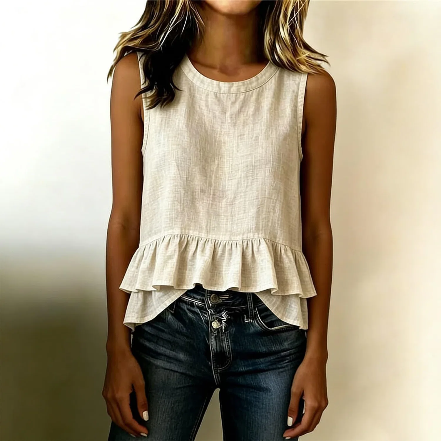 Женский жилет без рукавов с воланами из хлопка и льна, Beige — фото 3