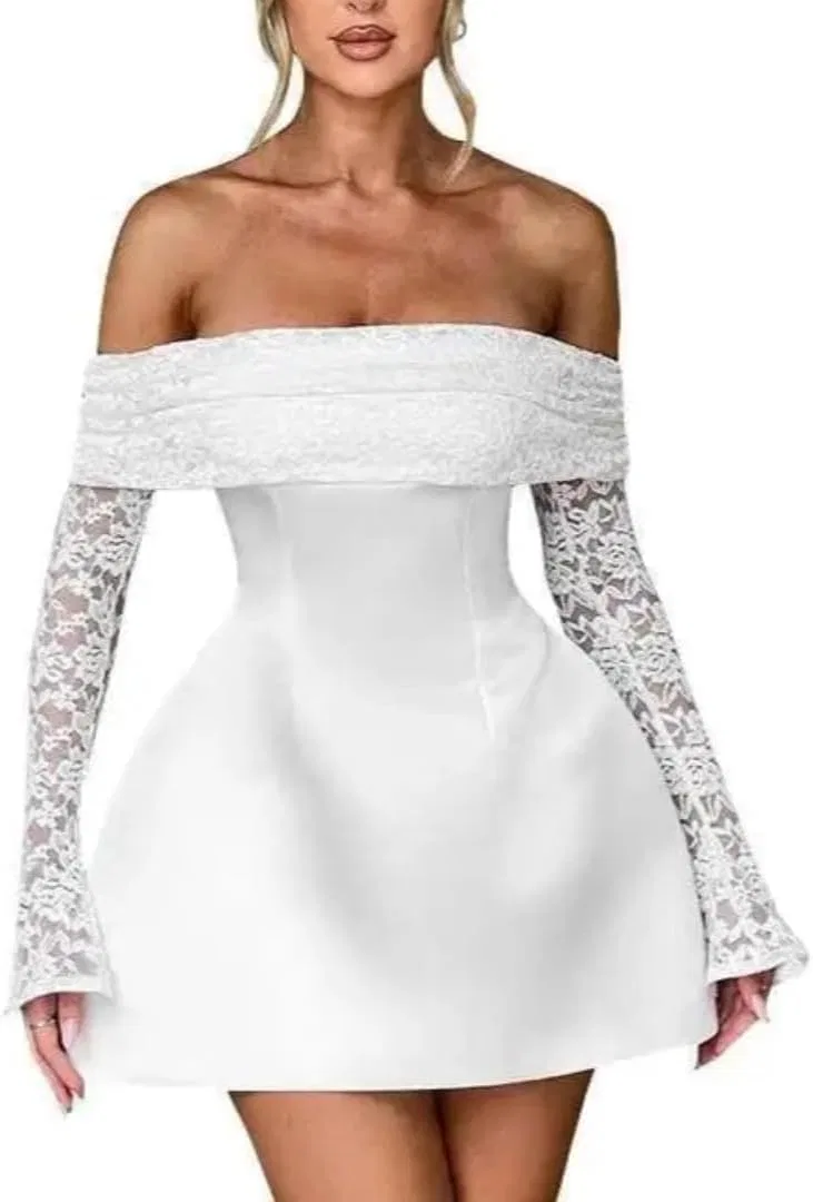 Женское кружевное мини-платье с запахом Off Shoulder, White