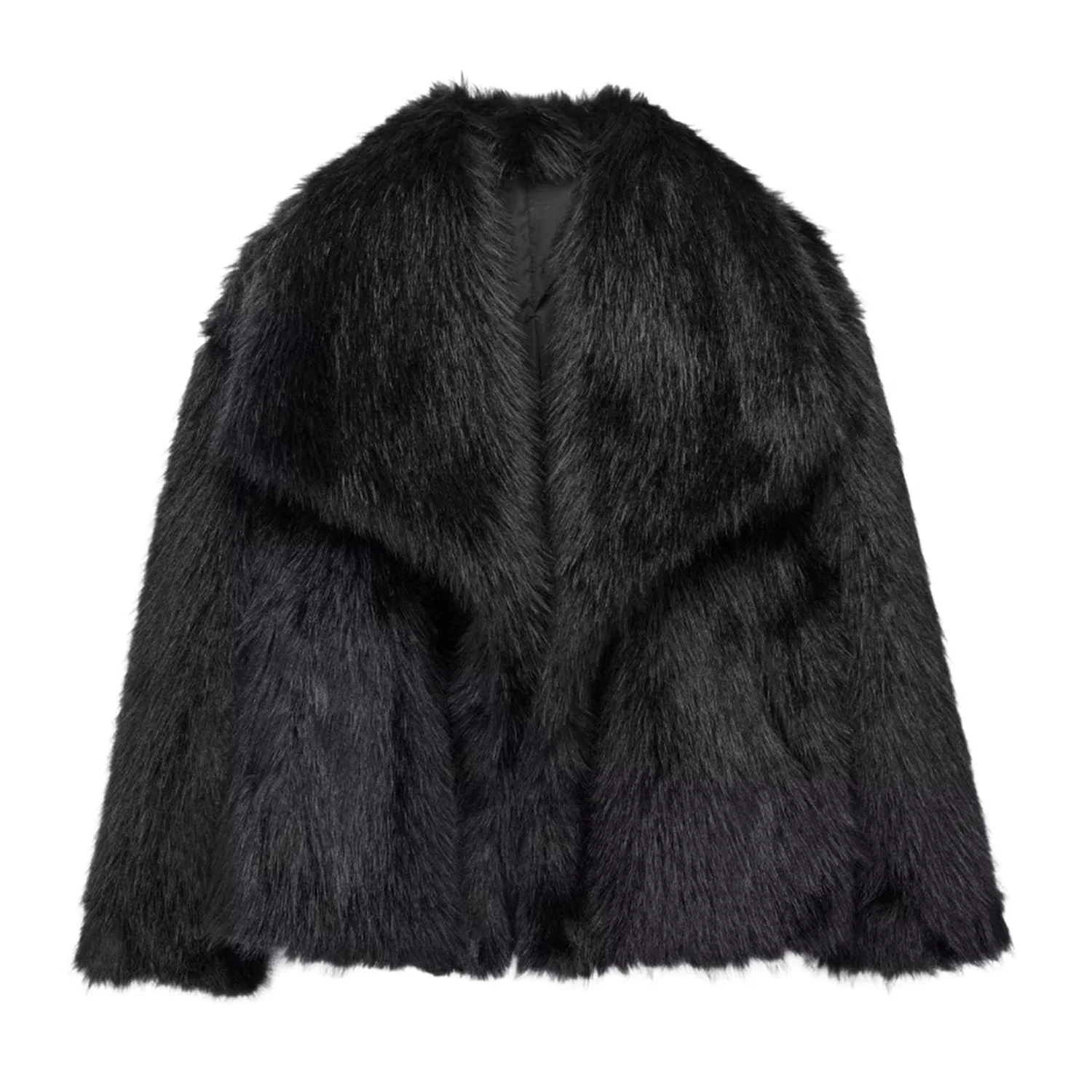 Женское пальто из искусственного меха с отложным воротником, Black