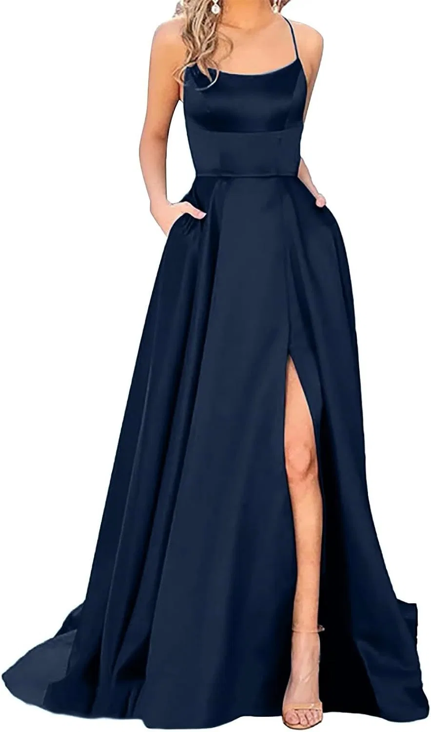 Женское длинное платье с карманами из сатина Halter Spaghetti Strap, Dark Blue — фото 3