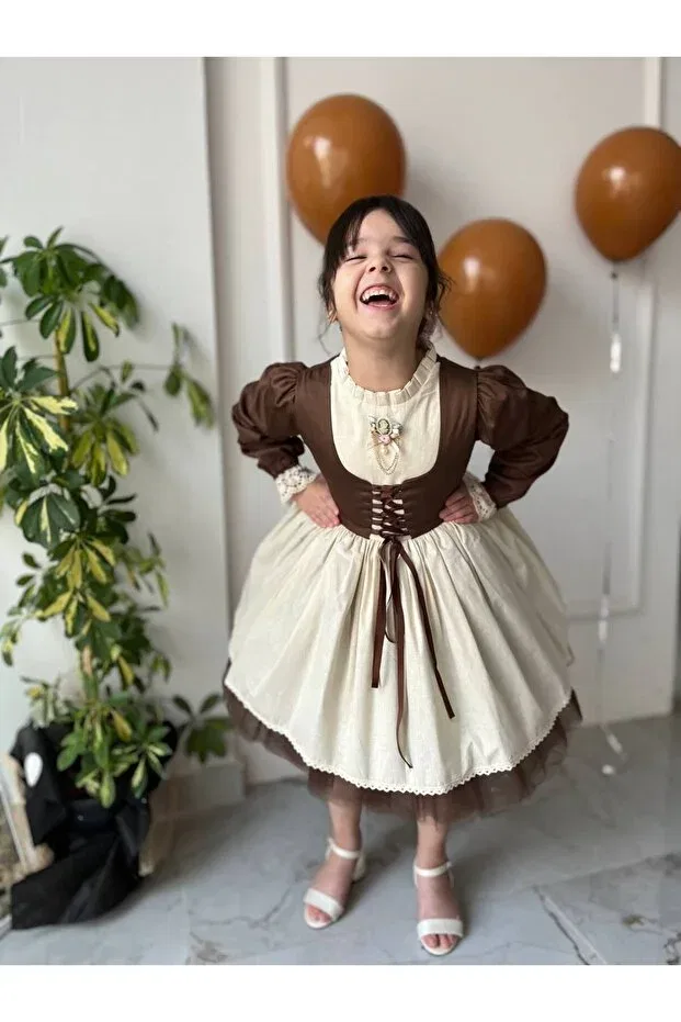 Детское платье для девочек с длинным рукавом Premium brown lace-up vest detailed special day cosplay dress + buckle Sare Çocuk Giyim, Brown