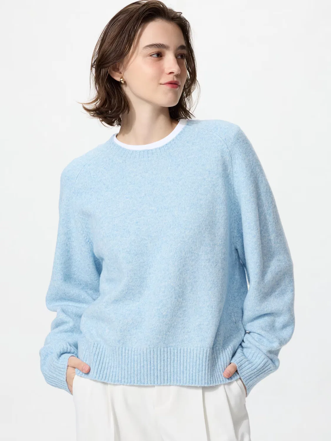 Свитер Uniqlo, с круглым вырезом из пряжи суфле, светло-голубой