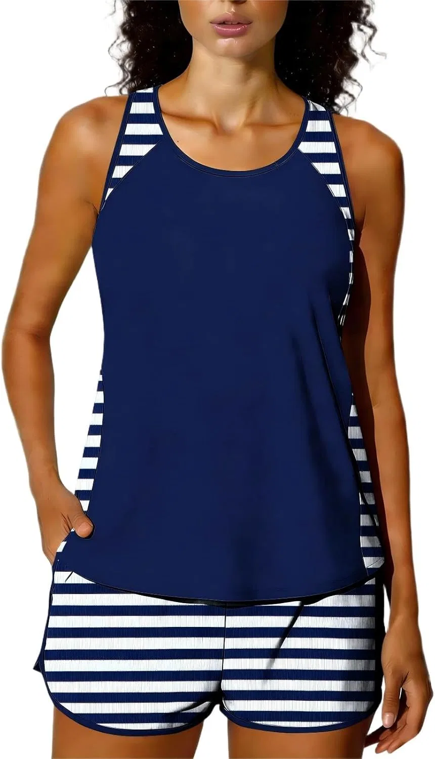 Женский танкини с полосками Athletic, 09-dark Blue