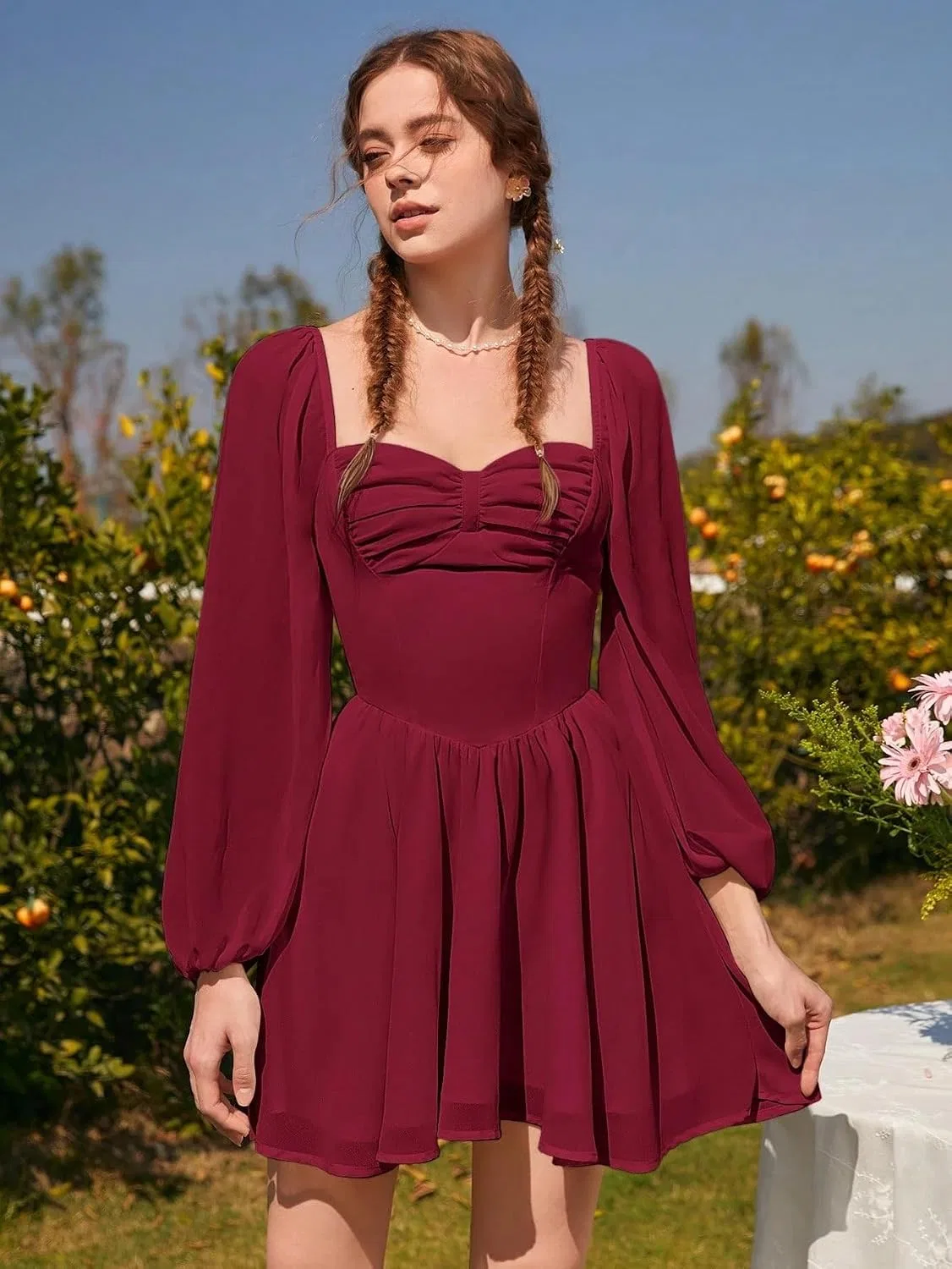 Женское повседневное короткое платье с высокой талией, Burgundy — фото 4