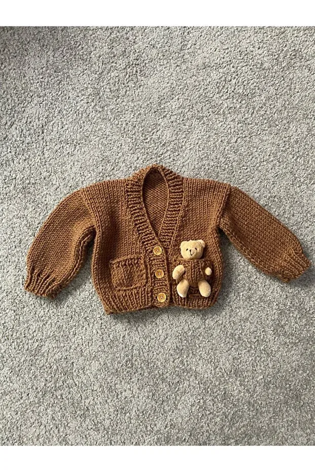 Детский кардиган для мальчиков с принтом Hand knitted teddy bear detailed boy's cardigan Nevalin, Brown — фото 3