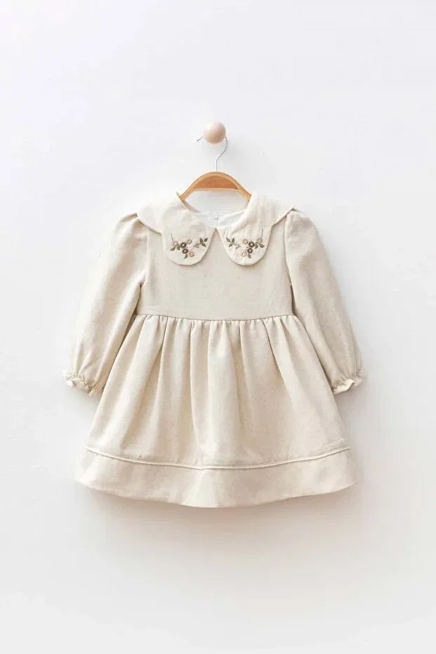 Детское платье для девочек с вышивкой Fleur baby girl child flower embroidery detail Banamio, Beige