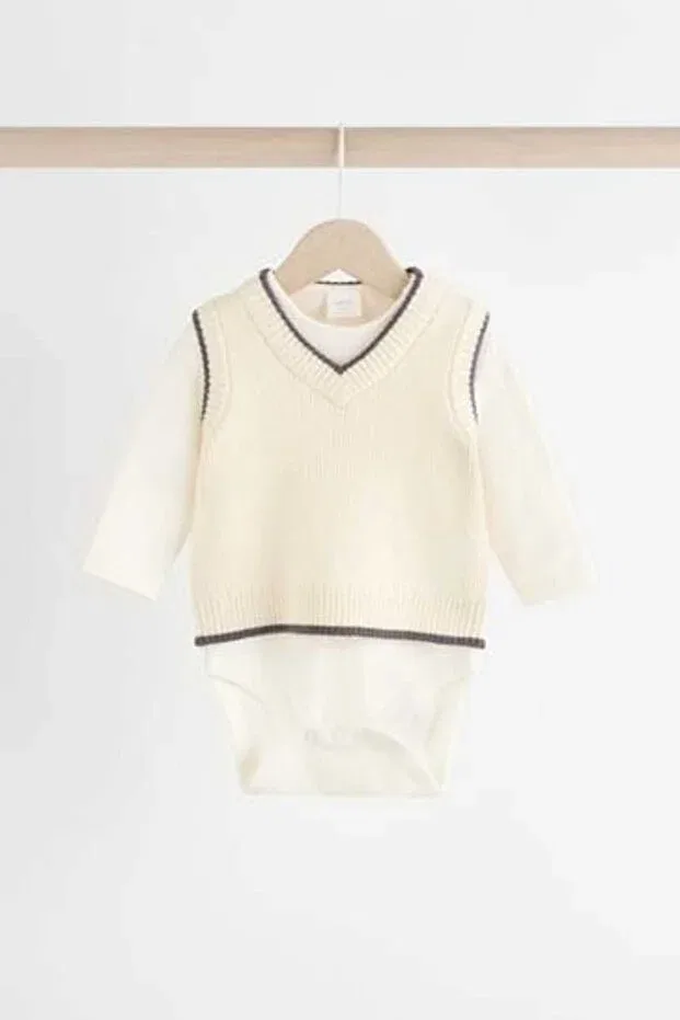 Детский хлопковый комплект из боди и колготок Next Baby, Cream — фото 4