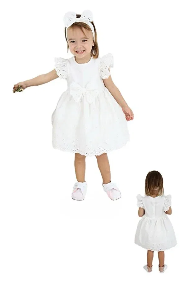 Детское платье для девочек с вышивкой My little one's flowers floral embroidery bowknot brode baby girl dress Minigimin Cicileri, Cream — фото 2