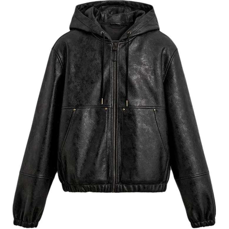 Мужская кожаная куртка с капюшоном Black ZARA, Black