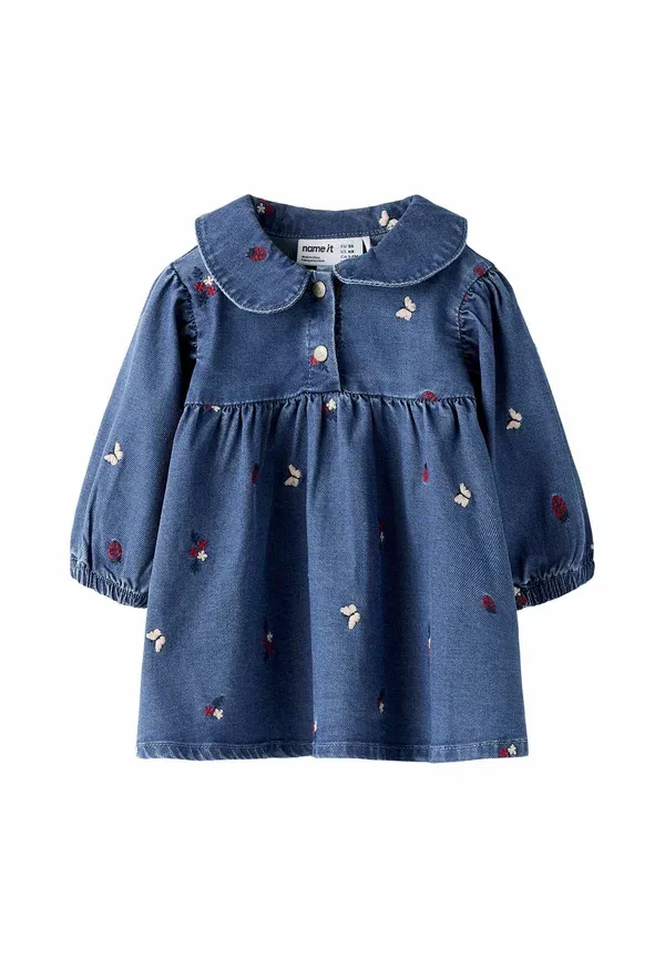 Платье джинсовое с вышивкой Name It, medium blue denim, синий — фото 3