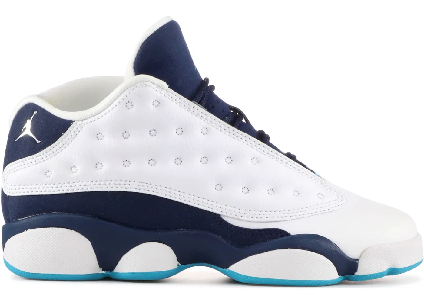 Детские кроссовки Lifestyle с принтом Jordan 13 Retro Low Jordan, White/Metallic Silver-Midnight Navy-Turquoise Blue