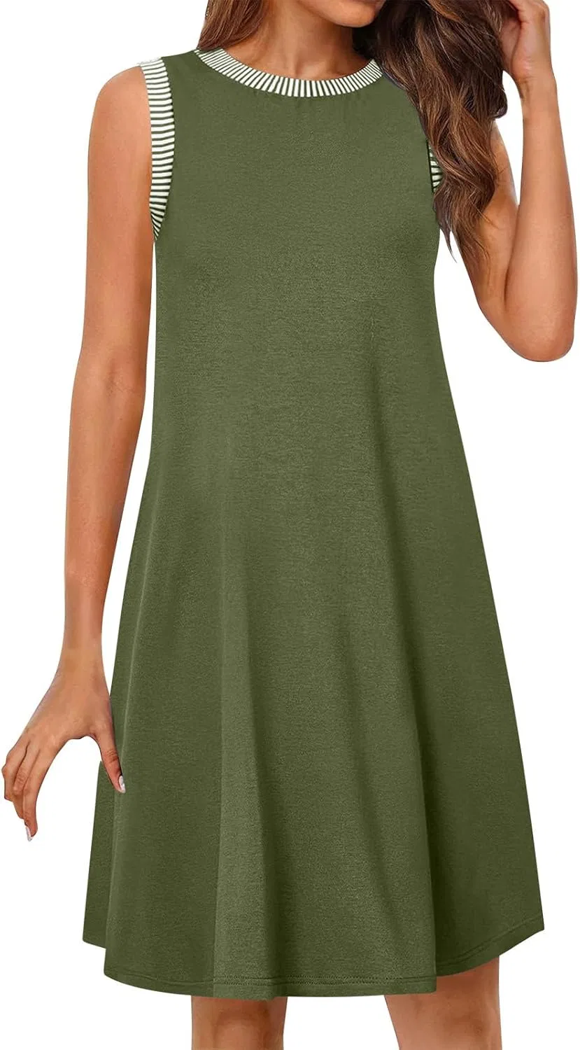 Женское летнее мини-платье без рукавов, свободный крой, Army Green