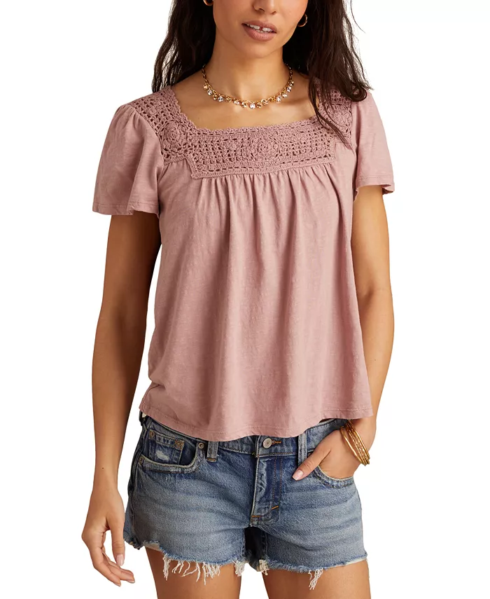 

Женский хлопковый топ с кружевной отделкой Lucky Brand, розовый