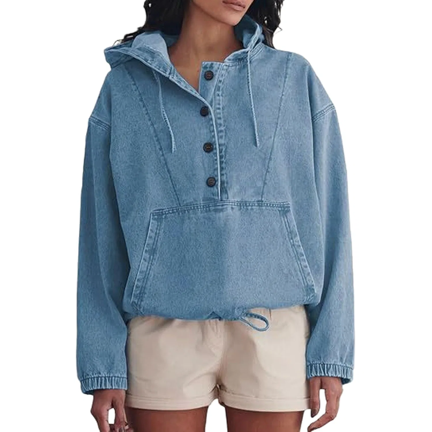 Женская джинсовая куртка oversize с капюшоном и длинным рукавом, Blu