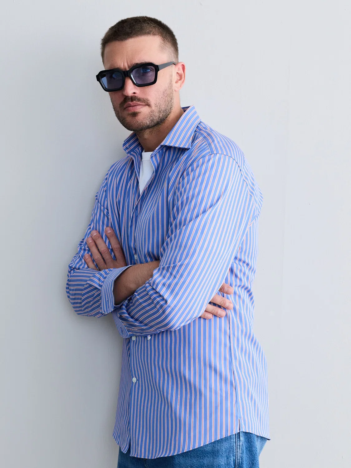 Рубашка Slim Fit с синей полоской Next, синяя полоска — фото 3