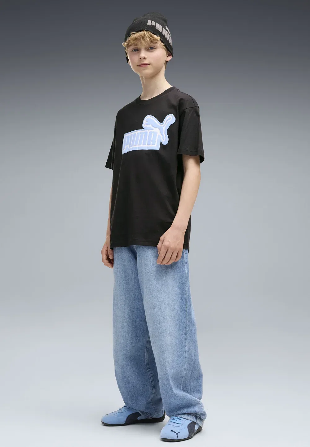Футболка Essentials Logo Lab с графическим принтом в свободном стиле Puma, Black-Blue Guppy