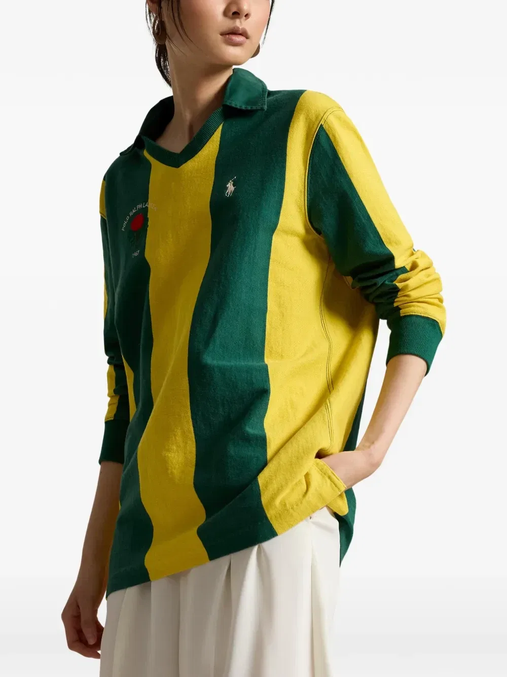 Полосатая рубашка поло с V-образным вырезом Polo Ralph Lauren, зеленый — фото 3