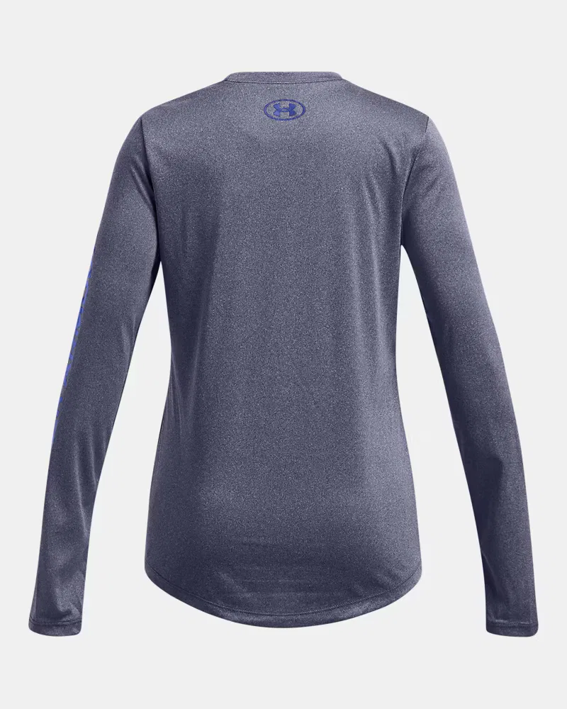 Лонгслив баскетбольный для девочек из быстросохнущей ткани UA Tech UA Velocity UnderArmour, Midnight Navy Light Heather/Royal — фото 2