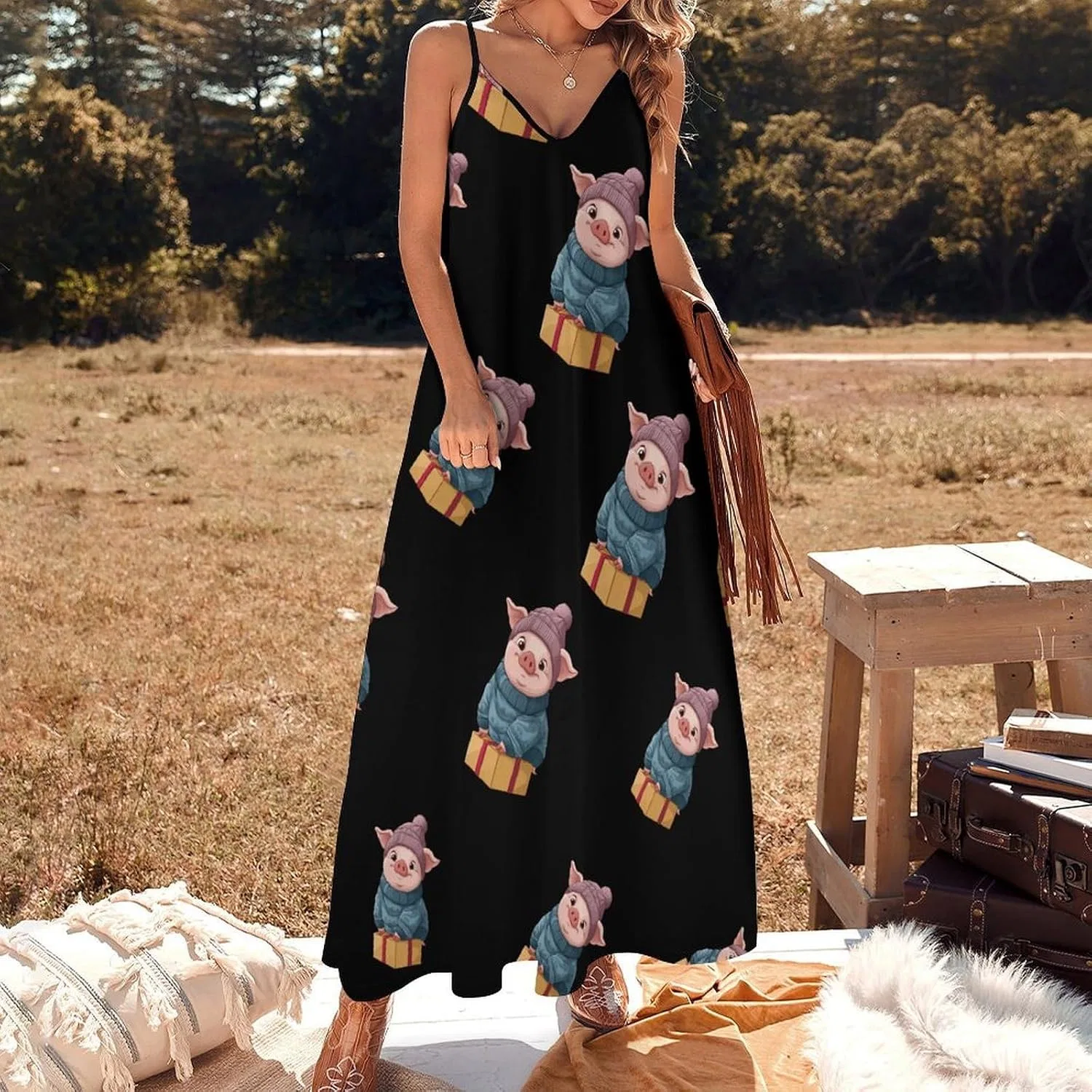 Женское летнее макси-платье с принтом свиней, Sleeveless, Style — фото 2