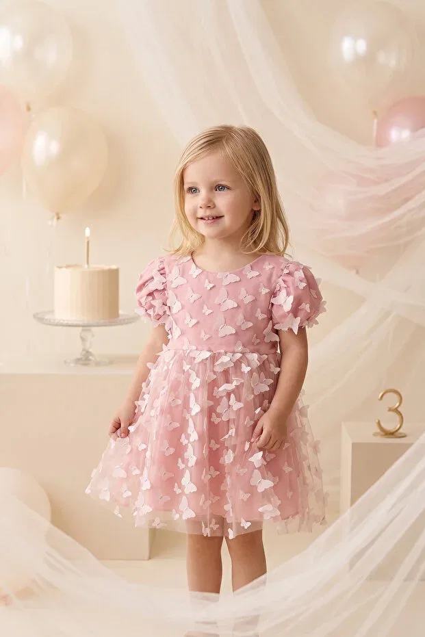 Детское платье для девочек с принтом 3D Butterfly Tulle Princess Dress Alyra, Powder — фото 4