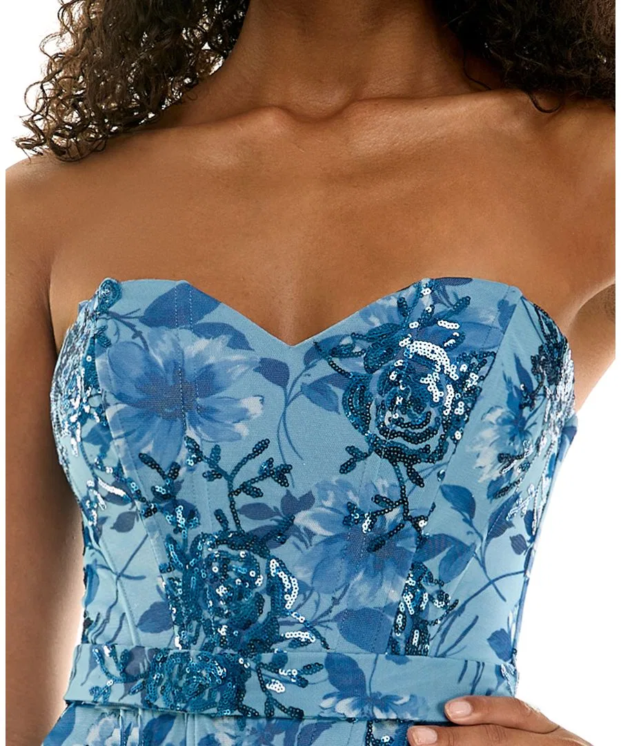 Платье-мини с корсетом и вышивкой, модель Sweetheart Neckline Printed Floral Sequins Corset Mini Dress SENI & CADE, Ocean/Navy — фото 4