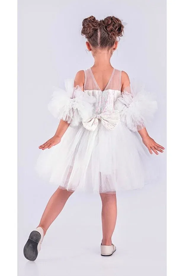 Детское платье для девочек с коротким рукавом Pon Pon Sleeve Dress Sequined Tutu Little Pumpkin, White — фото 3
